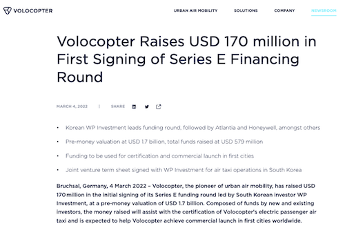 Volocopter Secures US$ 170 Million in Series E Financing Round 